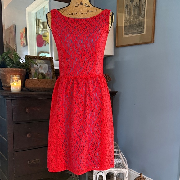 Scarlett Red and Blue Lace Overlay Fit & Flare Dress - Picture 4 of 12